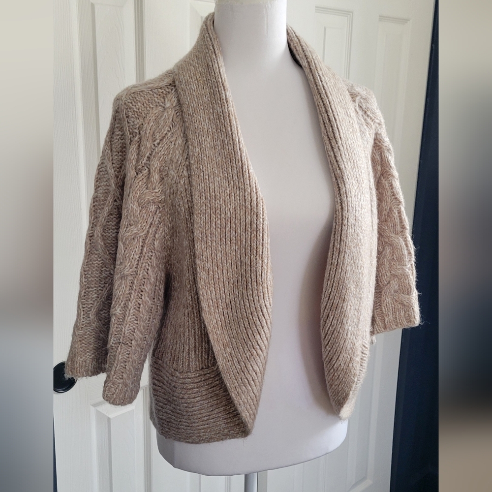 Chico's Cozy Cottagecore Tan Open Front Sweater 3/4 Bell Sleeves, Women's Size 1
